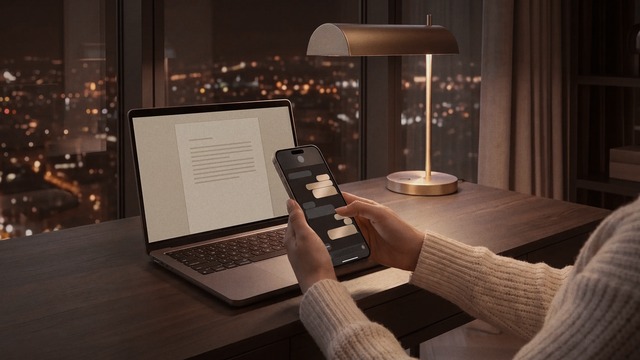 Hände in einem cremefarbenen Strickpullover tippen nachts an einem dunklen Holzschreibtisch eine Nachricht auf einem Smartphone, daneben ein aufgeklappter Laptop und eine Schreibtischlampe aus Messing. Durch bodentiefe Fenster sind die Lichter der Stadt zu sehen.