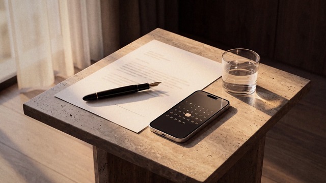 Ein ausgedruckter einseitiger Brief mit schwarzem Füller, ein Smartphone mit geöffnetem Kalender und ein Glas Wasser auf einem Beistelltisch aus Travertin im weichen Nachmittagslicht am Fenster.