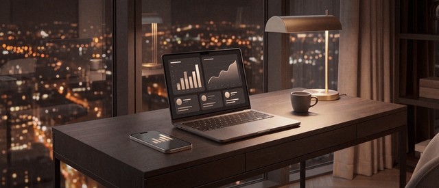 Ein dunkler Holzschreibtisch bei Nacht mit einem aufgeklappten Laptop, der einfache Balken- und Liniendiagramme zeigt, dazu ein Smartphone und eine Kaffeetasse neben einer Schreibtischlampe aus Messing; durch raumhohe Fenster sieht man die Lichter der Stadt.