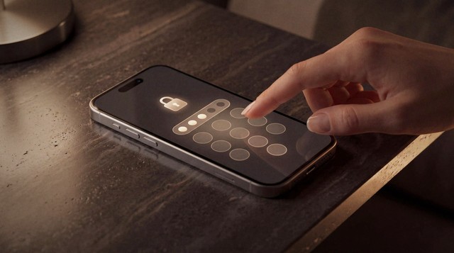Eine Hand tippt den Code auf dem Sperrbildschirm eines Smartphones ein, das nachts auf einem dunklen Steintisch neben dem Fuß einer Messinglampe liegt.